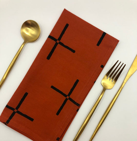 PLUS set of 4 cloth napkins hand printed - rusty red orange